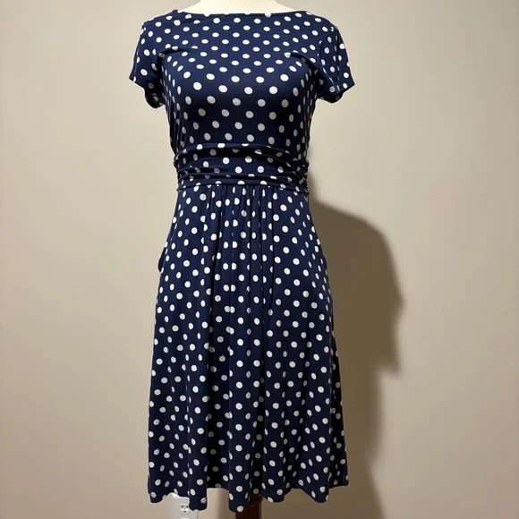 Boden Amelie Jersey Blue and White Polka Dot Dress - Picture 5 of 9